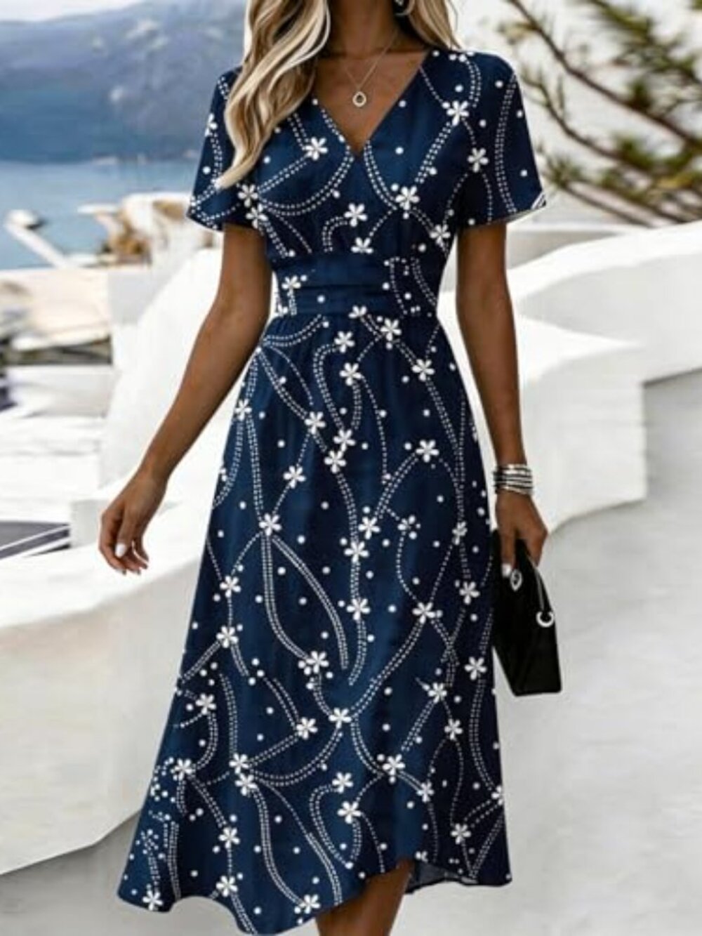 🆕 Dresses Women Summer Casual V Neck Floral Dress Short Sleeve Ombre A-Line - Picture 3 of 6
